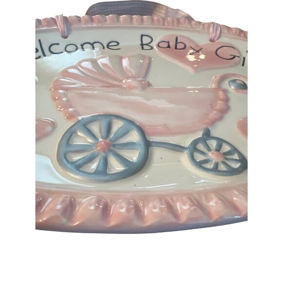 Mud Pie Ceramic Welcome Baby Girl Plaque Pink Gingham Ribbon Personalize NWOT - Picture 2 of 6